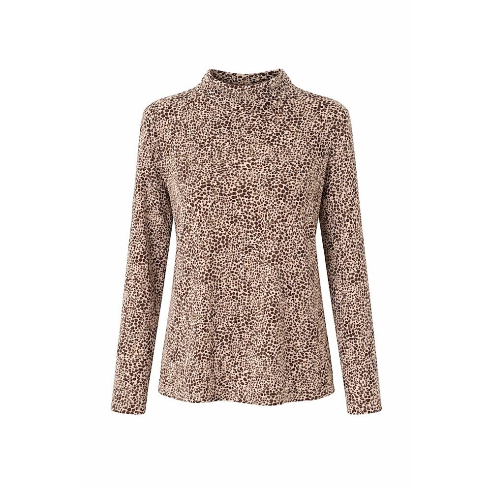 Lands End Womens Large Leopard Print Mock Neck Long Sleeve Brown Tan